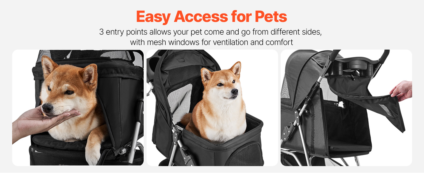 Візок для собак VEVOR, вантажопідйомність 16 кг, складний, для котів та собак, 3 колеса, сітчасті вікна, тримачі для напоїв, гальмо, для маленьких та середніх тварин