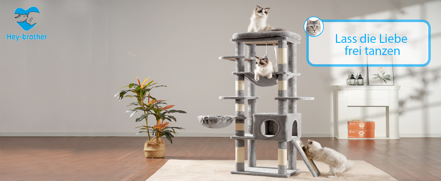 Багатоярусний котячий будиночок Hey-brother Kratzbaum з лежаком, гамаком та котячим будиночком, 145 см, сірий EMPJ057W