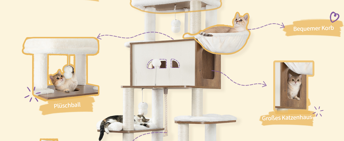 Драбина-кіготь для котів з туалетом, годівницею, 173 см, велика платформа, мотузка сизаль, гамак, знімний килимок, іграшки-кульки, білий та коричневий колір CB89014WT