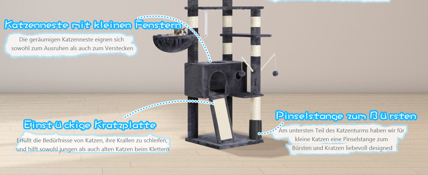 Котячий будиночок Hey-brother Kratzbaum: регульований котячий комплекс 250-280 см, до стелі, для великих котів, з гніздом, сірий (0MPJ091W)