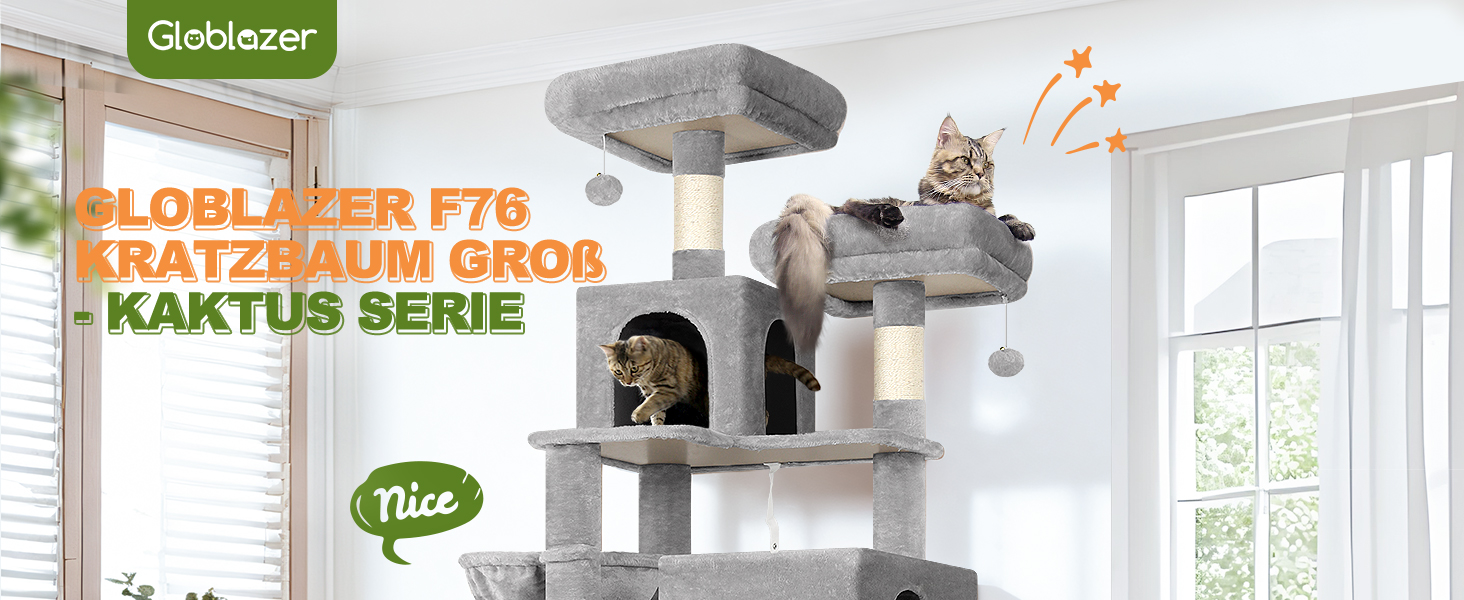 Драбина для котів Globlazer Kaktus XXL 195 см з 2 будиночками, 2 стійками, гамаком 50*33 см, кошиком. Стабільна драбина для кількох котів.