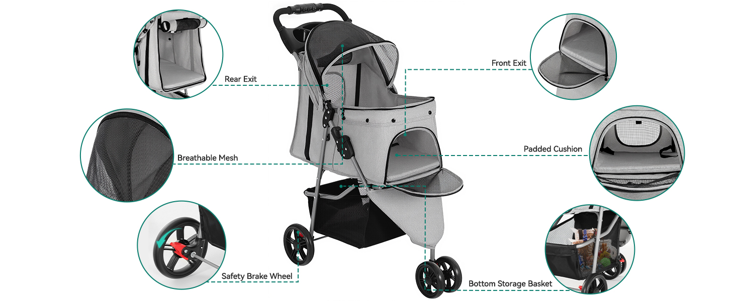 Візок для собак та котів YITAHOME 15 кг, 3 колеса, сітчасте вікно, гальма, міцний, сірий