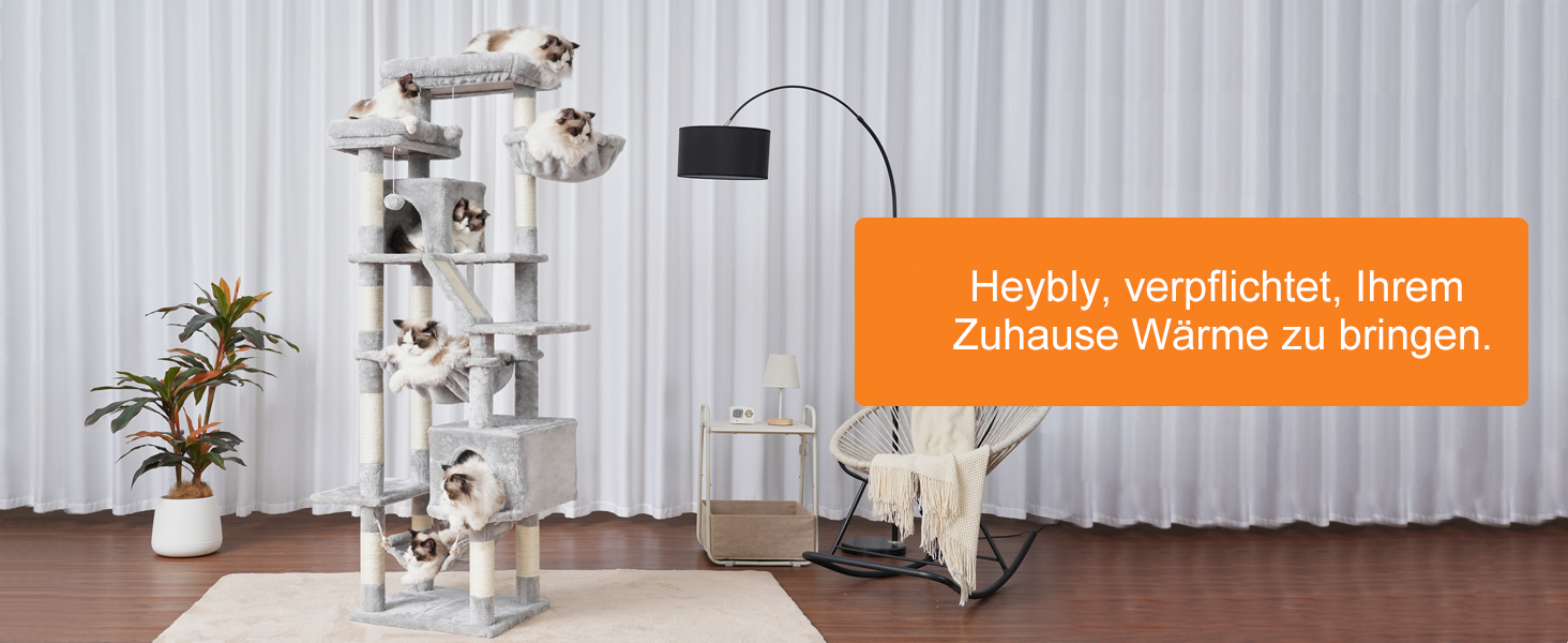 Кігтеточка-будинок для котів Heybly HCT034G, 180 см, сірий, з 2 платформами, 2 будиночками, гамаком, корзиною та когтеточкою