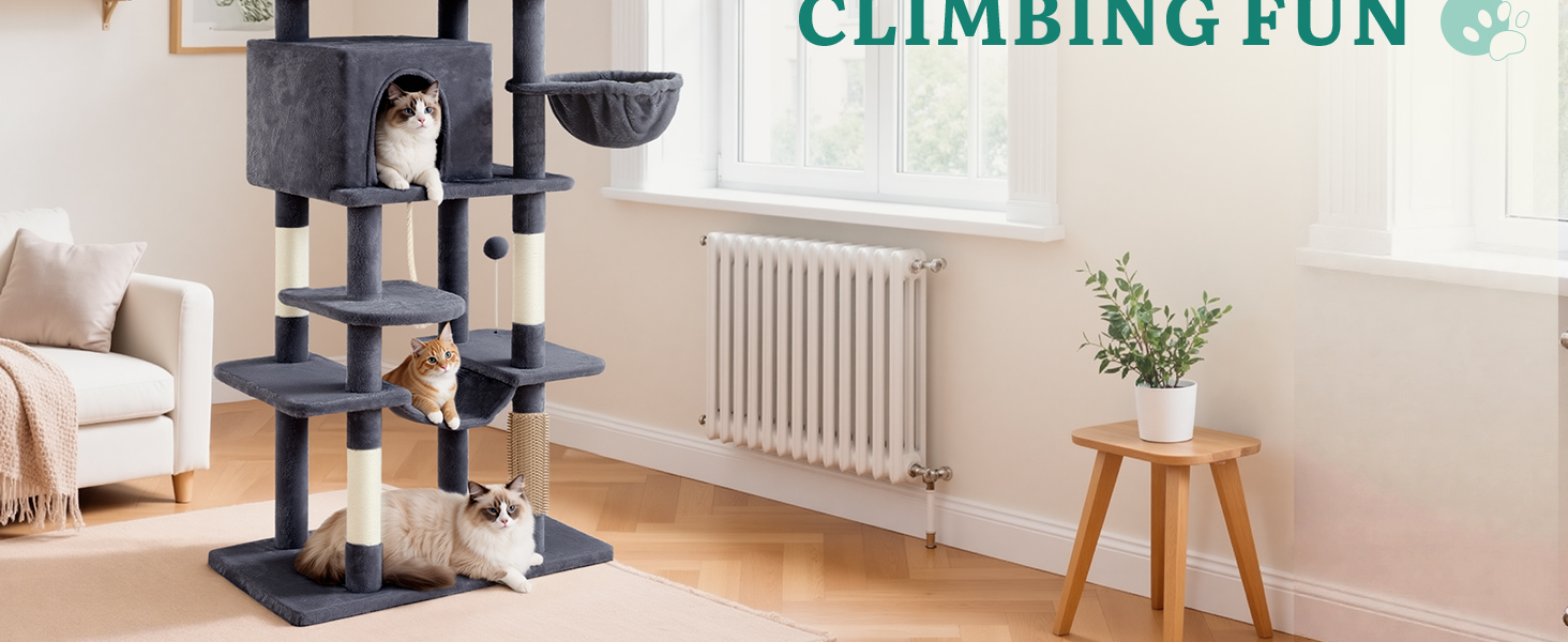 Дерев'яний комплекс для котів YITAHOME з подряпальниками, будиночком та лежаками, 157 см, сірий