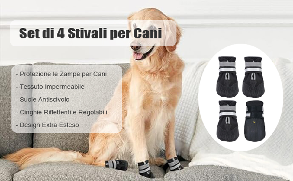 Чоботи для собак AMOMYDOG, 4 шт. Дихаючі, з неслизькою підошвою, регульовані світловідбиваючі застібки-липучки. Підходять для малих, середніх та великих собак (Чорний, L)