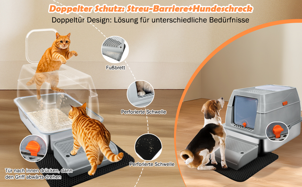 Котловий туалет SZEETECH для котів, великий XXL, нержавіюча сталь з кришкою, з лопаткою, килимком та підставкою, сірий