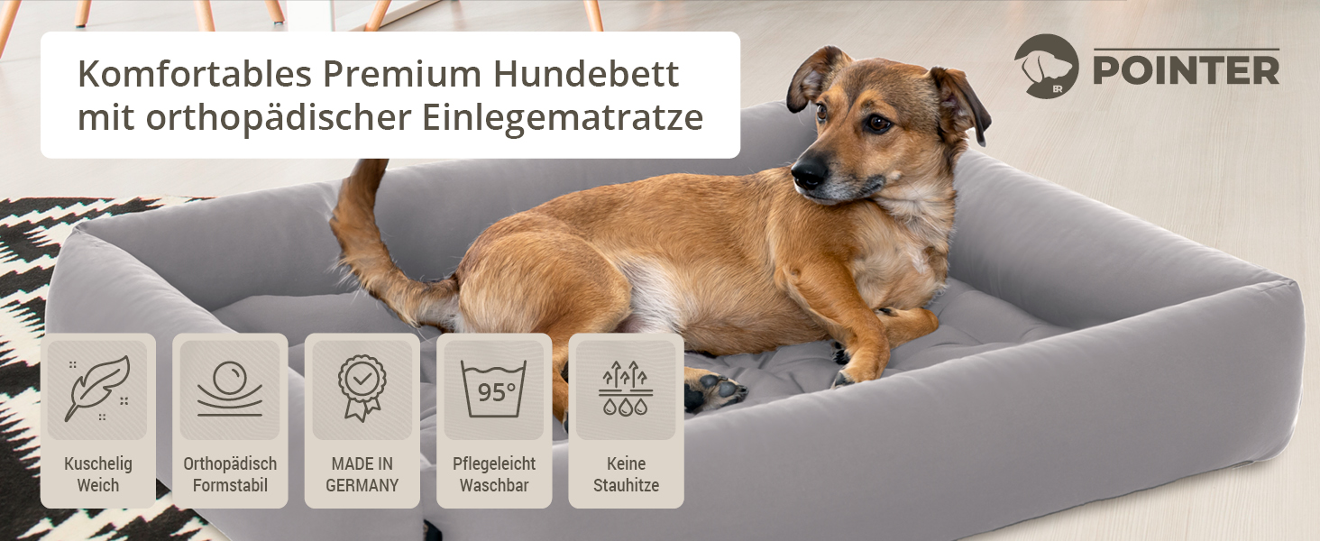Ортопедичне ліжко для собак середніх порід - Pointer, знімний матрац, миється до 95°C, стійке до подряпин та укусів, Made in Germany (L - 80x70 см, світло-сірий)