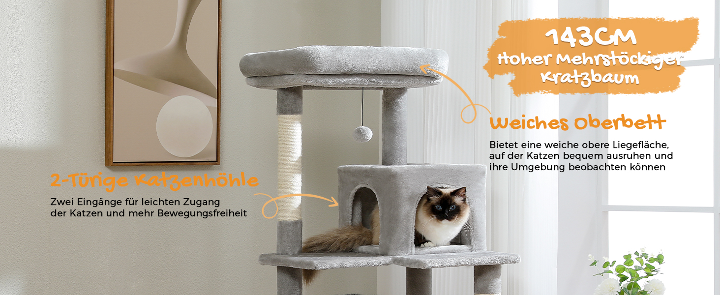 Комплекс для котів PAWZ Road з металевим гамаком, будиночком та 6-ярусними полицями, сірий, 143 см