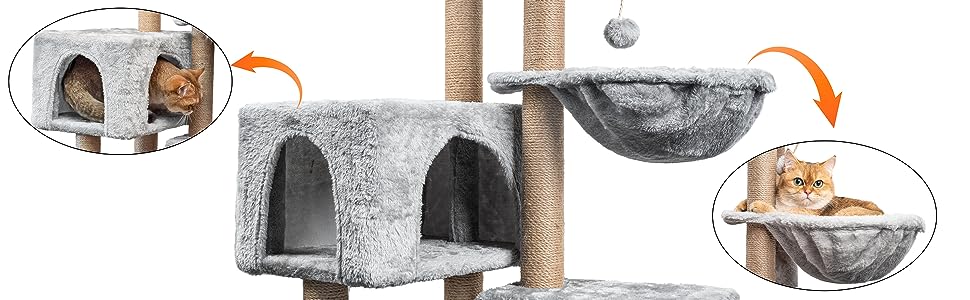 Котячий комплекс HOMIDEC 145 см, дряпка та ігровий будиночок, світло-сірий, із сизалевими стовпами, платформами, лежаком і іграшками