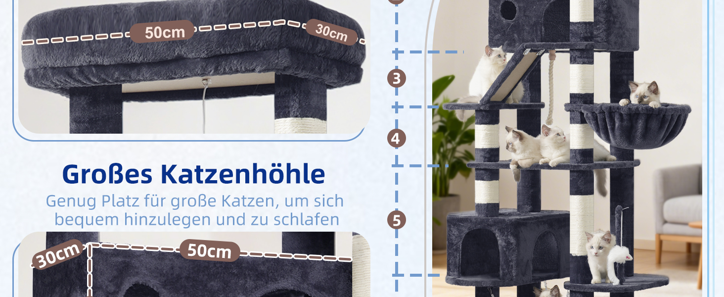 Великий котячий будиночок Kratzbaum: стабільний, 200 см, з платформами, гамаком та сизалевими стовпчиками (GCT031W, сірий)