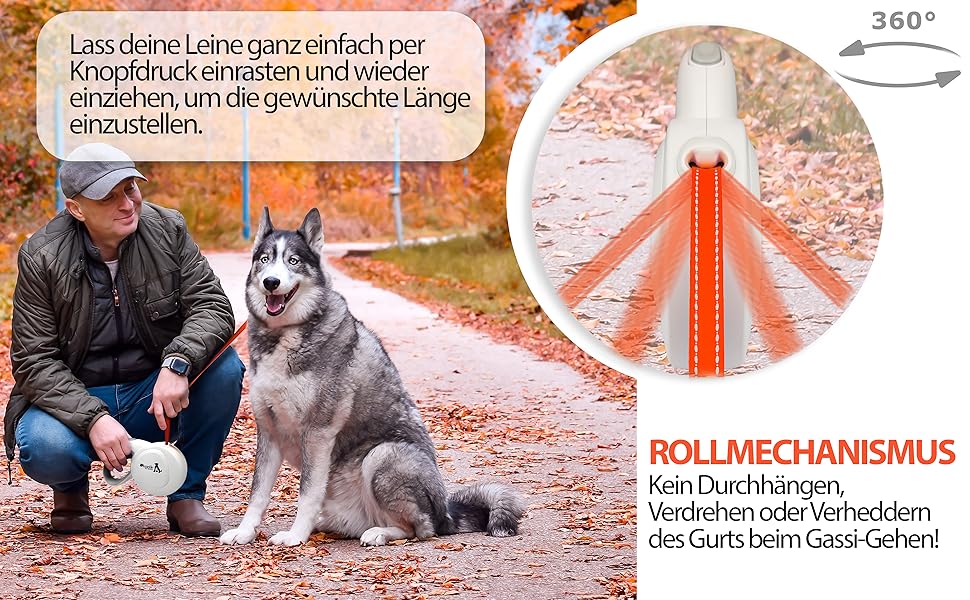 Блузель 8м Рулетка для собак до 50 кг, Неонова жовта рулетка з відбивачем, карабін 360°, ергономічна ручка з гумою та стопором