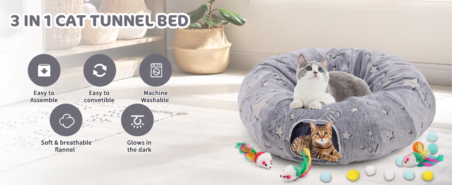 Туннель для котів з ліжком, великий, м'який, круглий, для дому