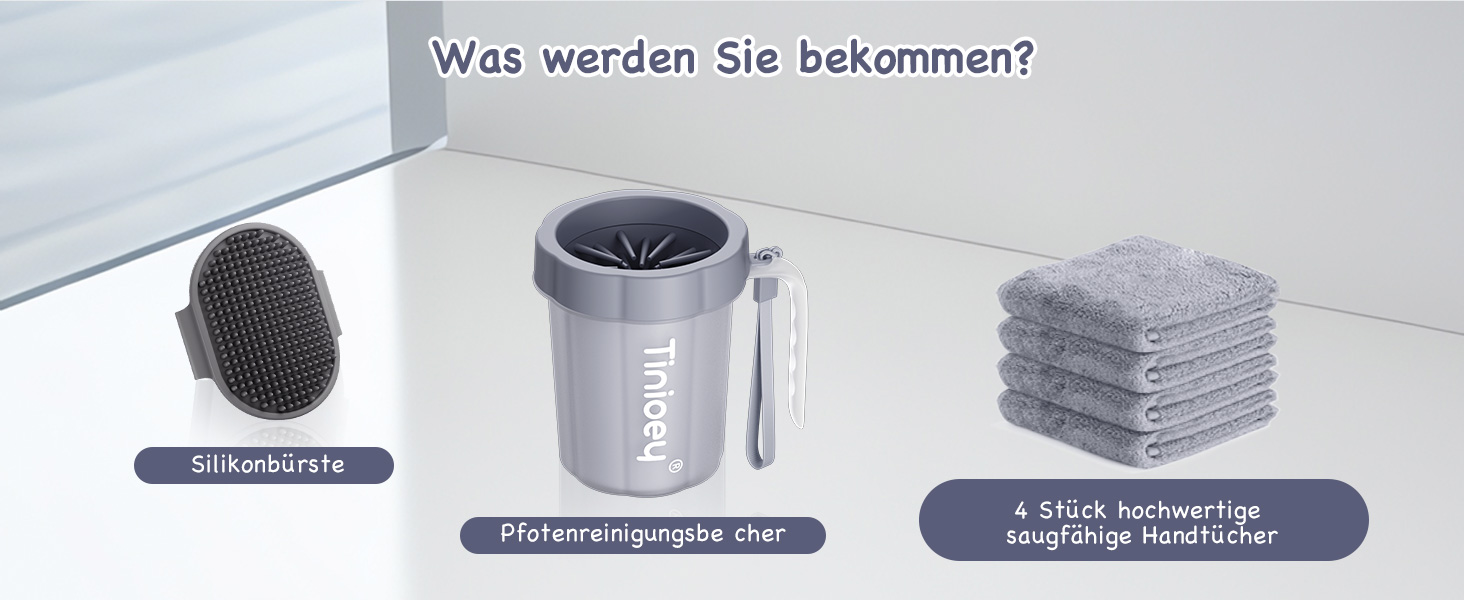 Очисник лап для собак великих порід Tinioey з ручкою | В комплекті 4 рушники та щітка для миття лап | Очисник лап для собак, аксесуари для собак великих порід, середній розмір (сірий)