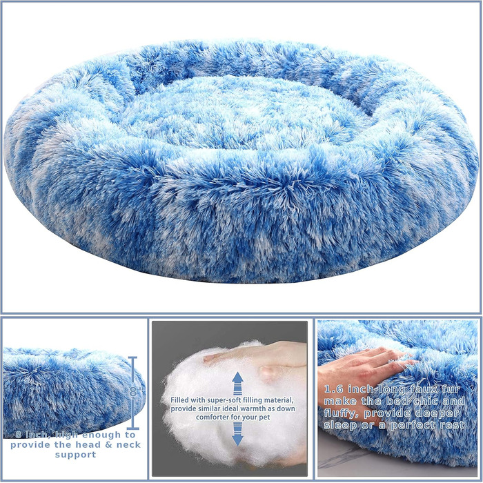Собаче ліжко-комір Donut Comlax XL, кругла подушка 80 см, знімний чохол, м'яке штучне хутро, проти стресу, синє