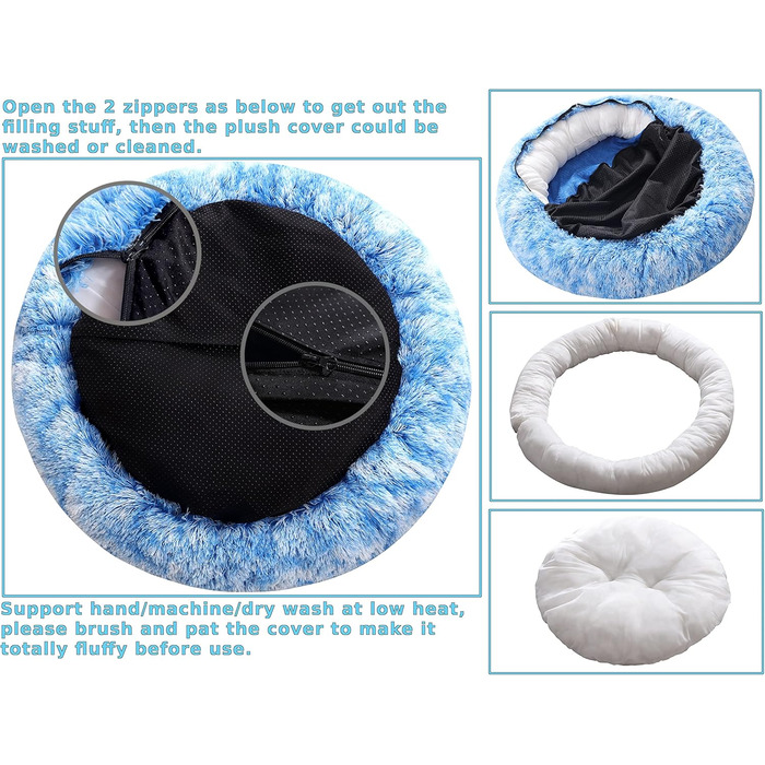 Собаче ліжко-комір Donut Comlax XL, кругла подушка 80 см, знімний чохол, м'яке штучне хутро, проти стресу, синє