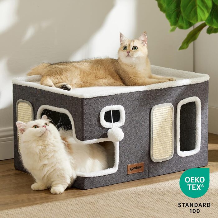 Котячий будиночок з кігтеточкою та м'ячем, складний, XL, сірий