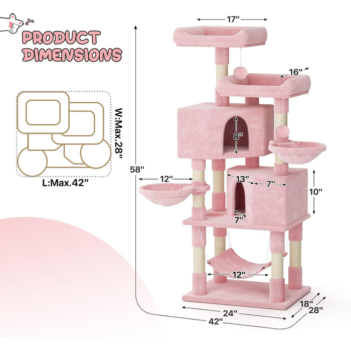 Кігтеточка MoNiBloom, 147 см, рожева - 8 стовбурів з сизалю