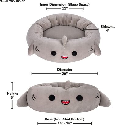Ліжко для домашніх тварин Squishmallows у формі акули Гордона, 50,8 см, м'яке плюшеве, офіційне, сіре