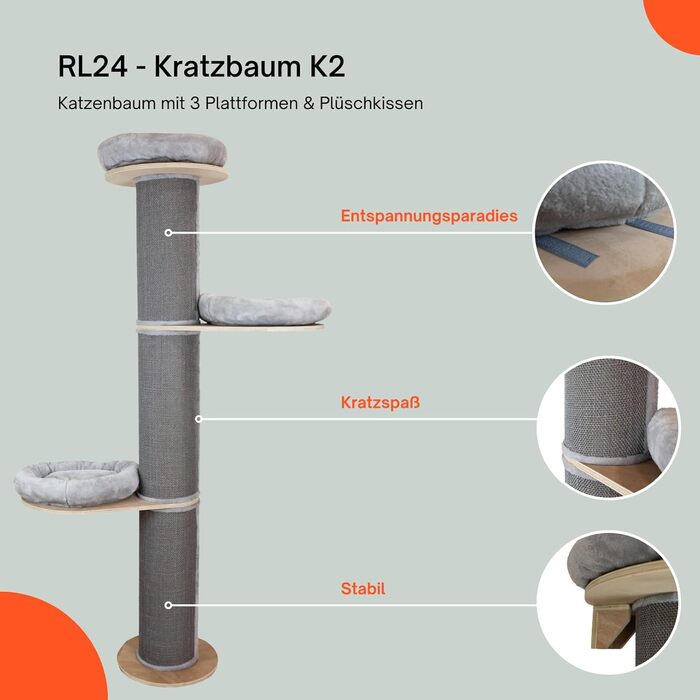 Котячий комплекс K2 RL24: когтеточка з 3 платформами, сірий, з плюшевими подушками, стовп з сизалевим килимом, діаметр 22 см, висота 187 см, меблі для котів