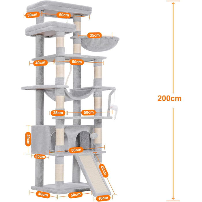 Кігтеточка Heybly 200см, 11 колон, гамак, сірий