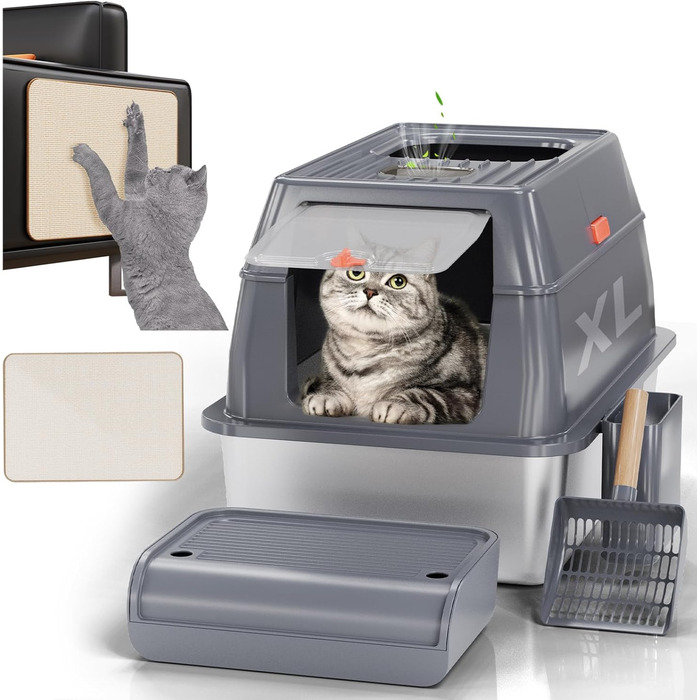 Котячий туалет XL з нержавіючої сталі з кришкою та черпаком