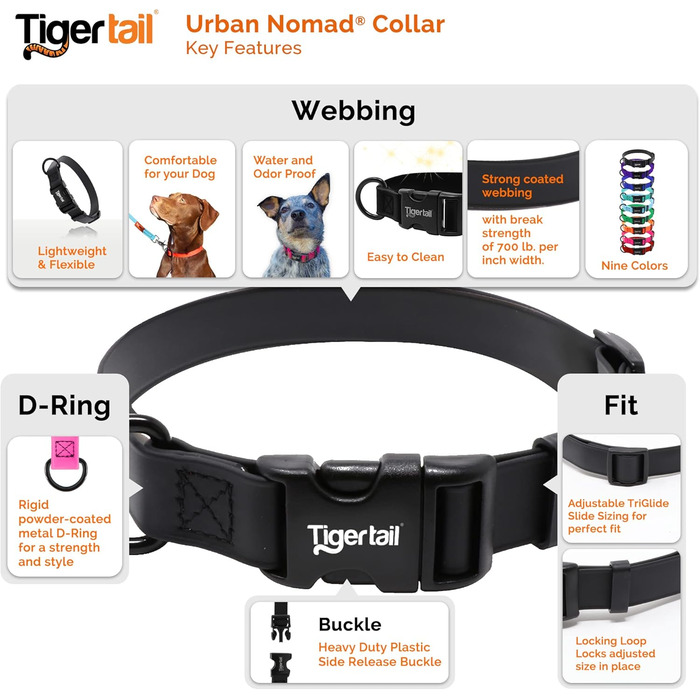 Водонепроникний нашийник для собак Tiger Tail Urban Nomad, не має запаху, міцний, легкий, матовий, з якісного нейлону з покриттям, для великих, середніх і малих порід, чорний, розмір L