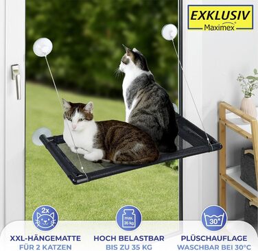 Віконна лежанка-гамак для котів Maximex XXL, з плюшевим покриттям, для 2 котів до 35 кг, великі присоски, 67x38 см