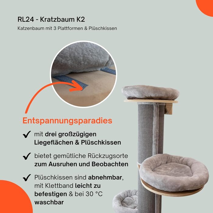 Котячий комплекс K2 RL24: когтеточка з 3 платформами, сірий, з плюшевими подушками, стовп з сизалевим килимом, діаметр 22 см, висота 187 см, меблі для котів