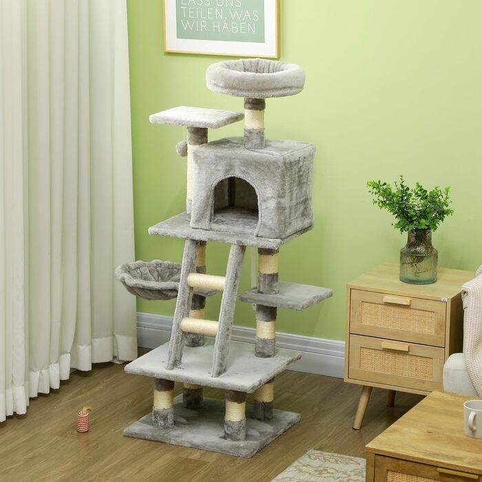 Кігтеточка PawHut 132 см з печерою та гамаком, сіра