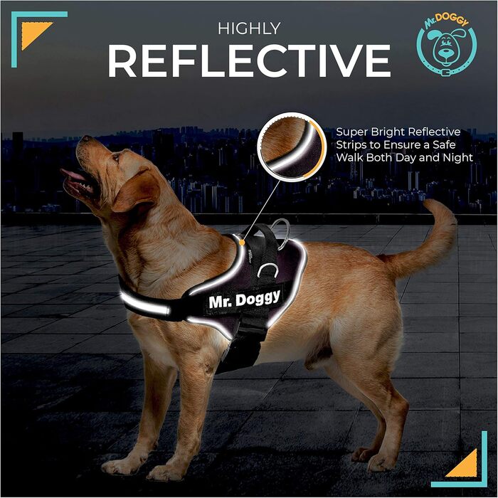MR. DOGGY Шлейка для собак з іменем, рефлективна, міцна, розмір M (13-22 кг), з 2 змінними нашивками, шотландський стиль