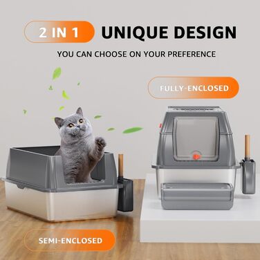 Котячий туалет XL з нержавіючої сталі з кришкою та черпаком