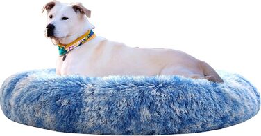 Собаче ліжко-комір Donut Comlax XL, кругла подушка 80 см, знімний чохол, м'яке штучне хутро, проти стресу, синє