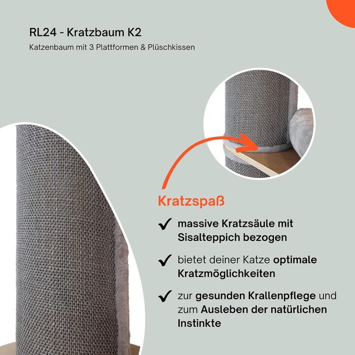 Котячий комплекс K2 RL24: когтеточка з 3 платформами, сірий, з плюшевими подушками, стовп з сизалевим килимом, діаметр 22 см, висота 187 см, меблі для котів