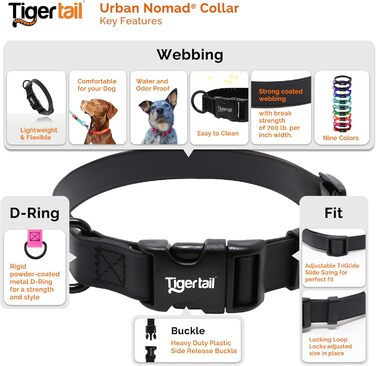 Водонепроникний нашийник для собак Tiger Tail Urban Nomad, не має запаху, міцний, легкий, матовий, з якісного нейлону з покриттям, для великих, середніх і малих порід, чорний, розмір L