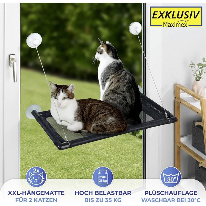 Віконна лежанка-гамак для котів Maximex XXL, з плюшевим покриттям, для 2 котів до 35 кг, великі присоски, 67x38 см
