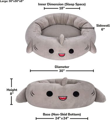 Ліжко для домашніх тварин Squishmallows Гордон Акула, 76 см, велике, ультрам'яке, офіційне плюшеве ліжко, сіре