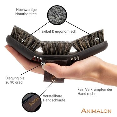 Щітка Animalon CareFlex для догляду за шерстю коня, натуральна, середньої жорсткості, з гнучкою основою і свинячою щетиною, зручний ремінець на липучці
