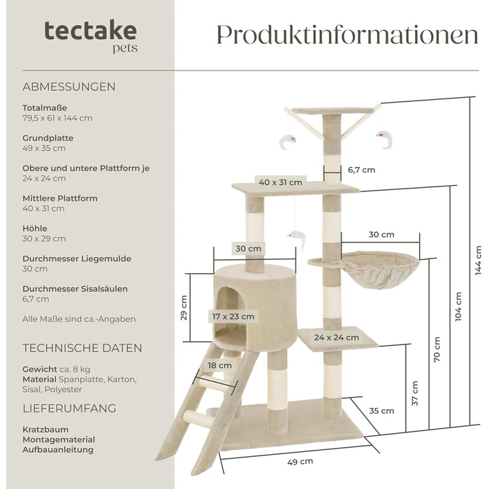 Кігтеточка tectake 144 см, сіра (Бежевий No 401434)