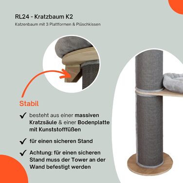 Котячий комплекс K2 RL24: когтеточка з 3 платформами, сірий, з плюшевими подушками, стовп з сизалевим килимом, діаметр 22 см, висота 187 см, меблі для котів