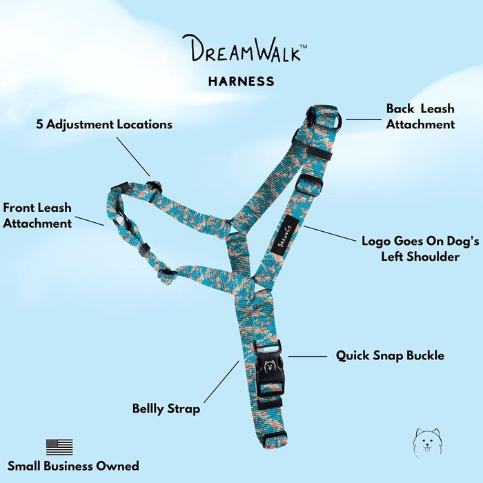 Шлея для собак ShawnCo Dream Walk проти тягнення, регульована, зручна, легка у використанні, нашийник-поводок для малих, середніх і великих собак, дизайнерський малюнок