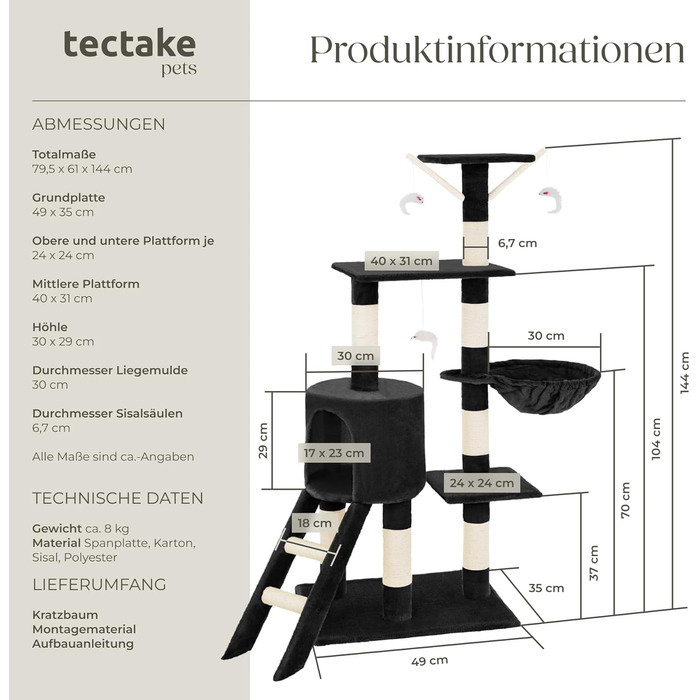 Кігтеточка tectake 144 см, сіра (Black No 401435)