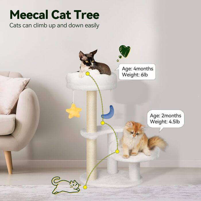 Котячий дряпак Meecal для кошенят до 6 місяців, 62 см, білий, з лежаком і іграшками, максимальна вага 3,6 кг, компактна когтеточка з підвісками