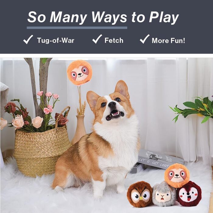 Інтерактивна іграшка для собак HugSmart Pet 2-в-1: плюшева без наповнювача та пищащий тенісний м'яч, міцна для апорту, для малих, середніх і великих порід (коричнева)