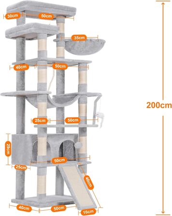 Кігтеточка Heybly 200см, 11 колон, гамак, сірий