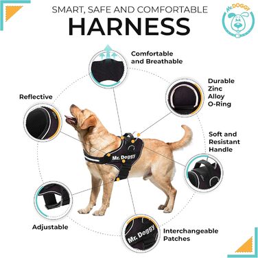 Шлея для собак MR. DOGGY, персоналізована, з іменем, розмір L (20-32 кг), шотландський стиль, відбиваюча, міцна, з 2 змінними етикетками
