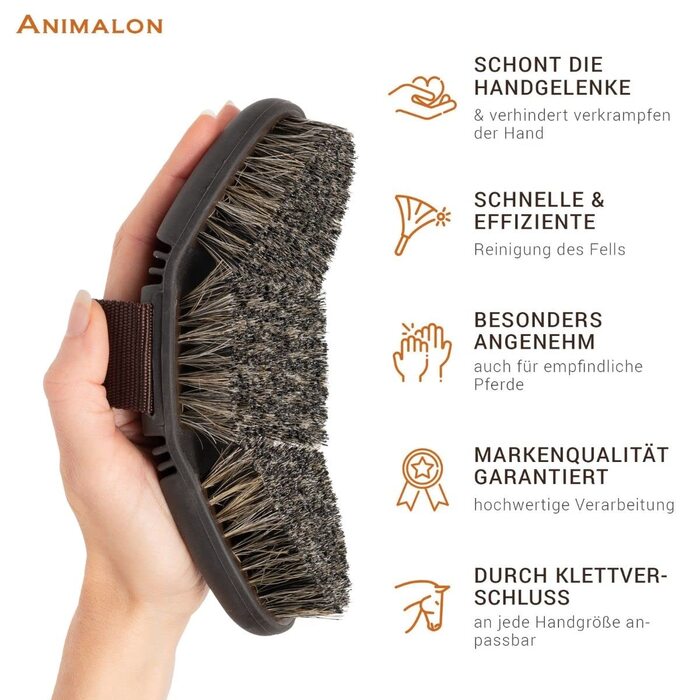 Щітка Animalon CareFlex для догляду за шерстю коня, натуральна, середньої жорсткості, з гнучкою основою і свинячою щетиною, зручний ремінець на липучці