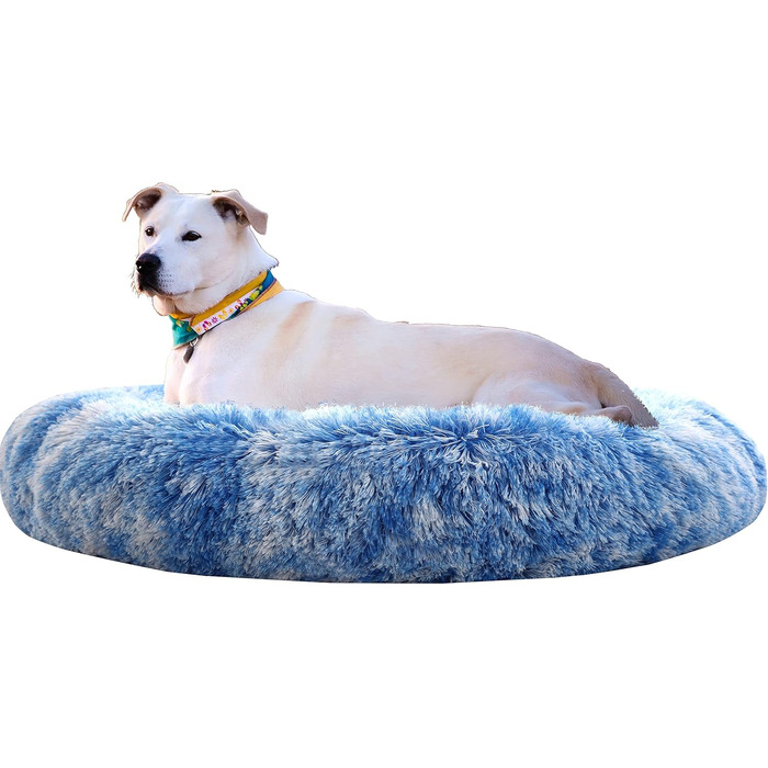 Собаче ліжко-комір Donut Comlax XL, кругла подушка 80 см, знімний чохол, м'яке штучне хутро, проти стресу, синє