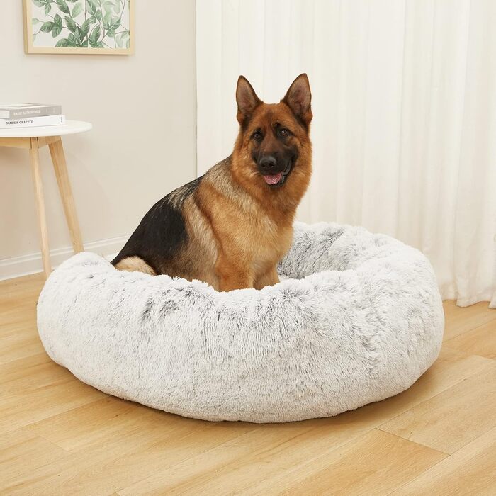 Ліжко для собак Bedffolk Donut, кругле, пухнасте, L, світло-сіре