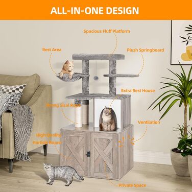 Котячий туалет Snugghome з котячим деревом і печерою, сірий