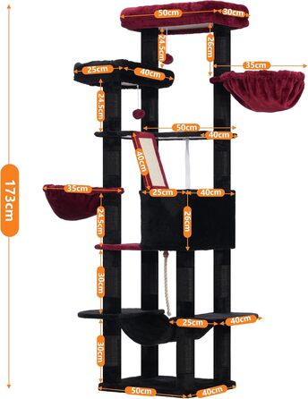 Кігтеточка Heybly 173см, 16 колонок, чорний/червоний
